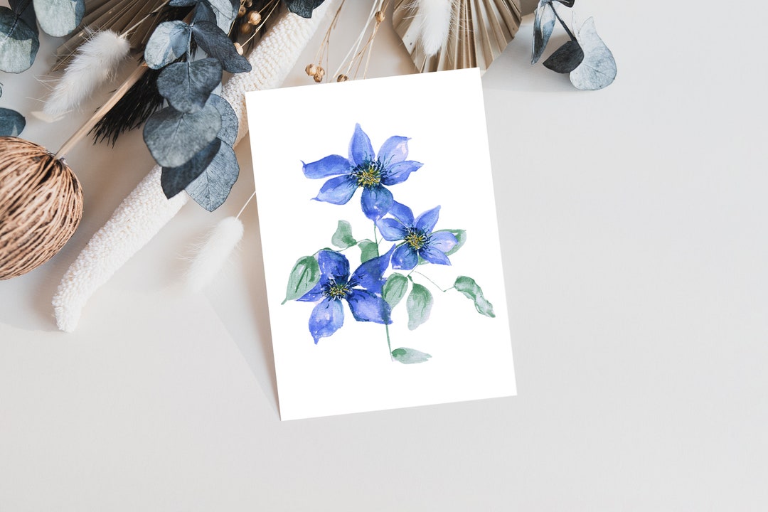 Blank Greeting Card Watercolor Blue Floral Greeting Card Handmade Thank ...