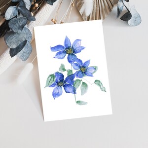 Blank Greeting Card Watercolor Blue Floral Greeting Card Handmade Thank You Card for Gift