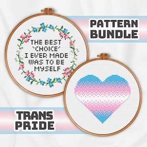 Peut inclure: Deux motifs de broderie pour point de croix. Le premier motif représente une couronne de fleurs avec le texte "Le meilleur choix que j'ai jamais fait a été d'être moi-même". Le deuxième motif est un cœur avec les couleurs du drapeau de la fierté transgenre.