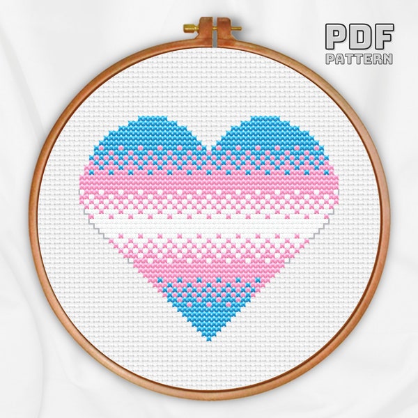 Transgender Love Heart Cross Stitch Pattern, LGBTQ+ Pride Flag PDF Download