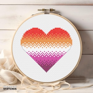 Lesbian Pride Heart Cross Stitch Pattern, LGBTQ+ Love & Support PDF, Queer Embroidery Design, Easy DIY Pride Needlepoint