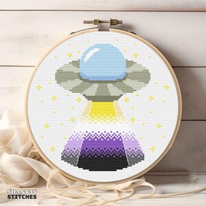May include: A cross-stitch embroidery in a wooden hoop featuring a gray UFO with a light blue dome. A yellow, white, purple, and black beam of light extends downward from the craft. Small yellow stars are scattered across the white fabric background.