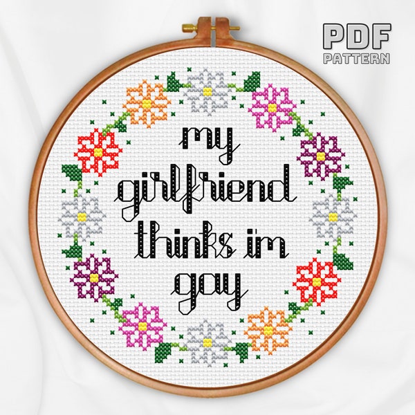 My Girlfriend Thinks I'm Gay, Funny Pun Lesbian Needlepoint Pattern PDF