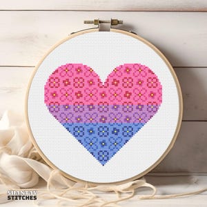 Ricamo a punto croce con cuore bisessuale / Schema della bandiera Pride da scaricare