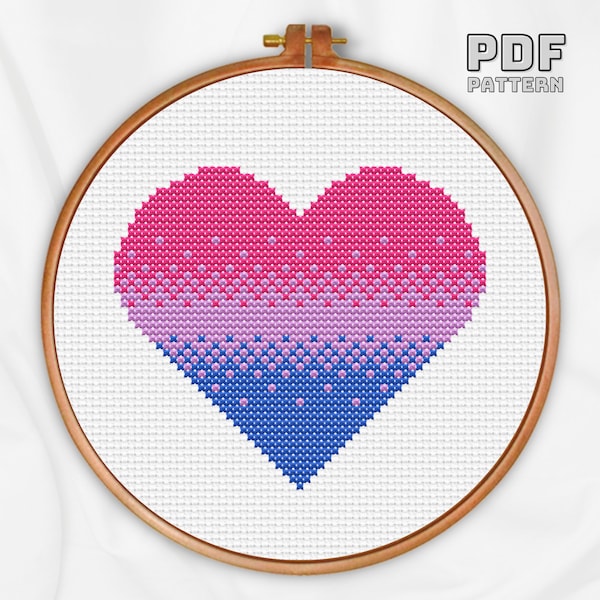 Bisexual Love Heart Cross Stitch Pattern, LGBTQ+ Pride Flag PDF Download