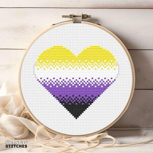 Puede incluir: Un bastidor de bordado circular de madera que contiene un patrón de punto de cruz en forma de corazón. El corazón presenta franjas horizontales amarillas, blancas, moradas y negras. El texto SHANTAY STITCHES aparece en la esquina inferior.