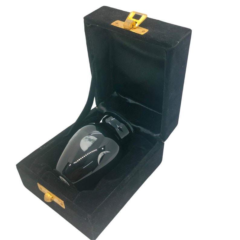 May include: Black cremation urn with a moon phases design, in a black velvet box with a gold latch.