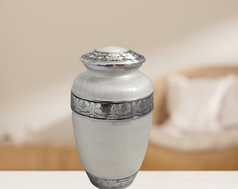 Silver Leaves Large Adult Cremation Urn for Human Ashes — With Velvet Bag