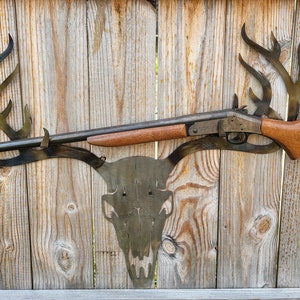 Flame Burned Deer Skull Bow/Gun Hanger - Recycled Steel Hunting Wall Decor