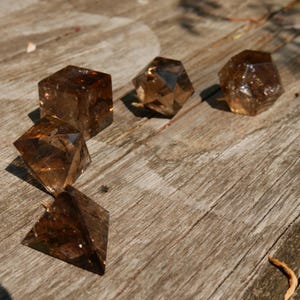 High Quality Natural Smoky Quartz Platonic Solids Set 2″ | Tetrahedron Octahedron Hexahedron Icosahedron Dodecahedron | Sacred Geometry