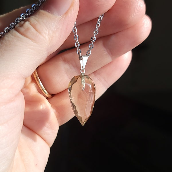 Faceted Smoky Quartz Pendant #2 on Stainless Steel Cable Chain, 24 x 12 mm