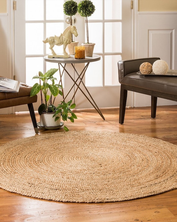 Hand Braided Jute Area Rug: 6 ft Round, Earth Friendly Boho Style