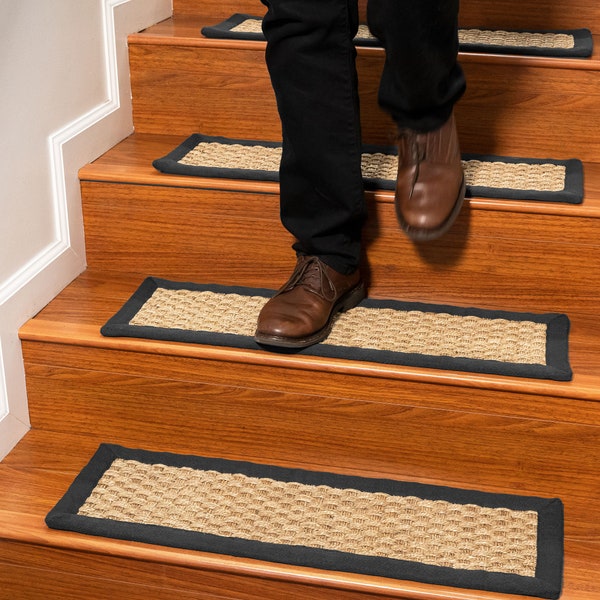 Basketweave Seagrass Carpet Stair Treads - 100% Natural Hand Made Pet-friendly Durable tread rugs, 9" x 29" Set of 13 Black Border