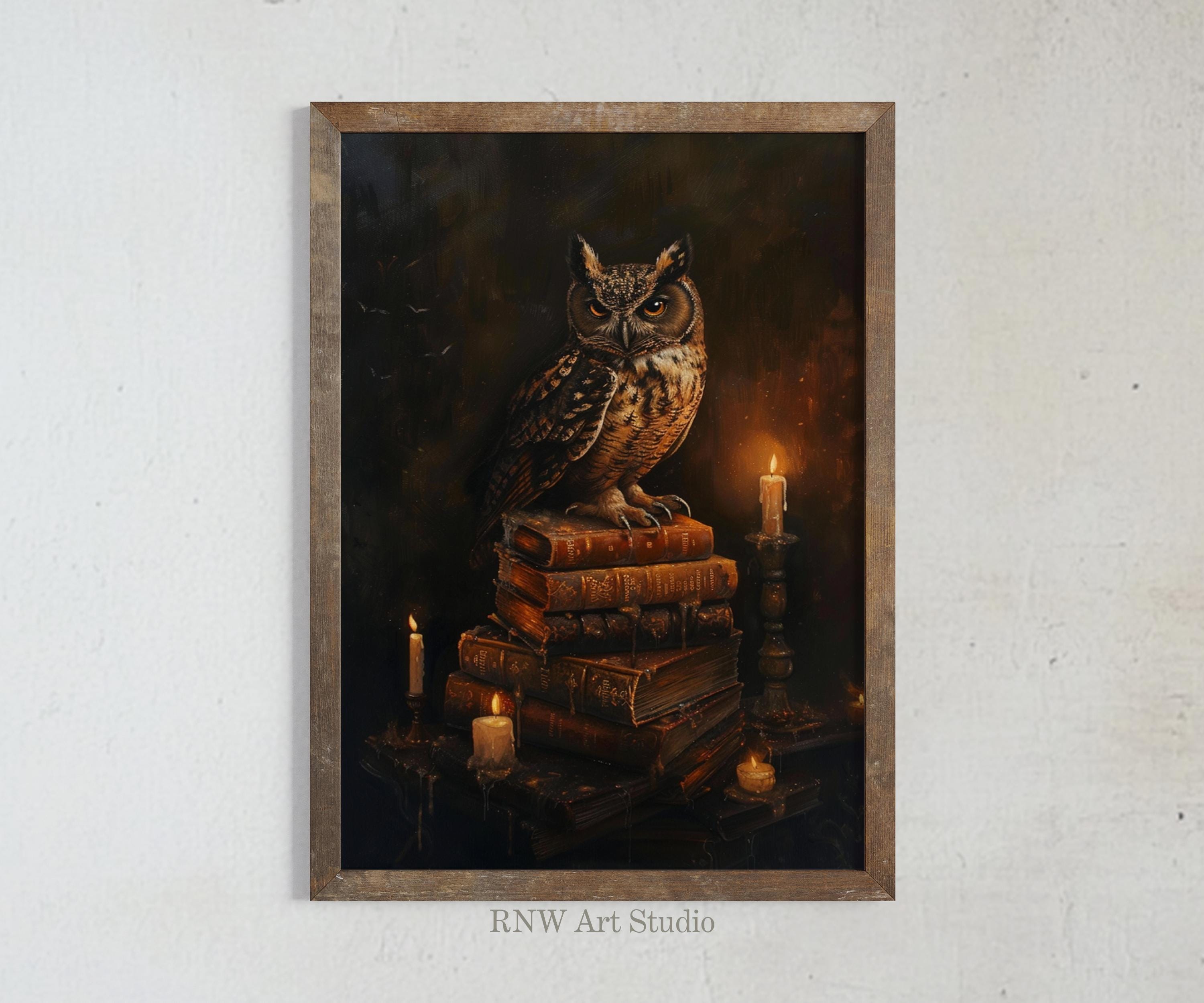 Gothic Owl on Vintage Books Printable Art - Dark Academia Print, Moody Wall Art, Victorian Gothic Oi