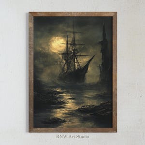 Vintage Ghost Ship Painting, Gothic Sea Aesthetic, Moody Ocean Decor, Antique Oil Art Print, Dark Academia, Victorian Printable Wall Art