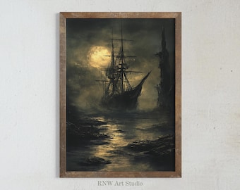 Cuadro de barco fantasma vintage, estética gótica del mar, decoración oceánica melancólica, impresión de arte al óleo antigua, academia oscura, arte de pared victoriano imprimible