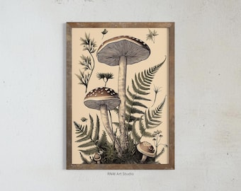 Botanical Mushroom Artwork, Cottagecore Decor, Witchy Wall Art, Goblincore Aesthetic, Moody Vintage Forest Print