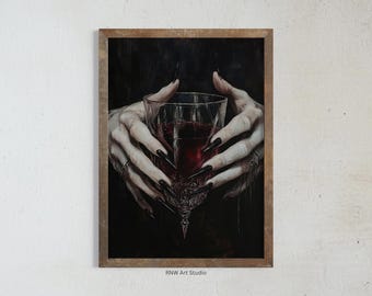 Vampierkelk, gotische muurkunst, donker olieverfschilderij, spookachtige horrorafdrukken, macabere horrorkunst, goth kamerdecor, decor hekserij
