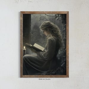 Pintura al óleo de amantes de los libros, impresiones de Dark Academia, decoración Whimsigoth, arte de pared melancólico, decoración gótica del hogar, arte cottagecore, arte victoriano