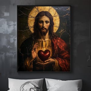 K&ouml;nnte beinhalten: Ein Gem&auml;lde von Jesus Christus mit einem goldenen Heiligenschein, der eine rote Robe tr&auml;gt und ein rotes Herz in seinen H&auml;nden h&auml;lt.