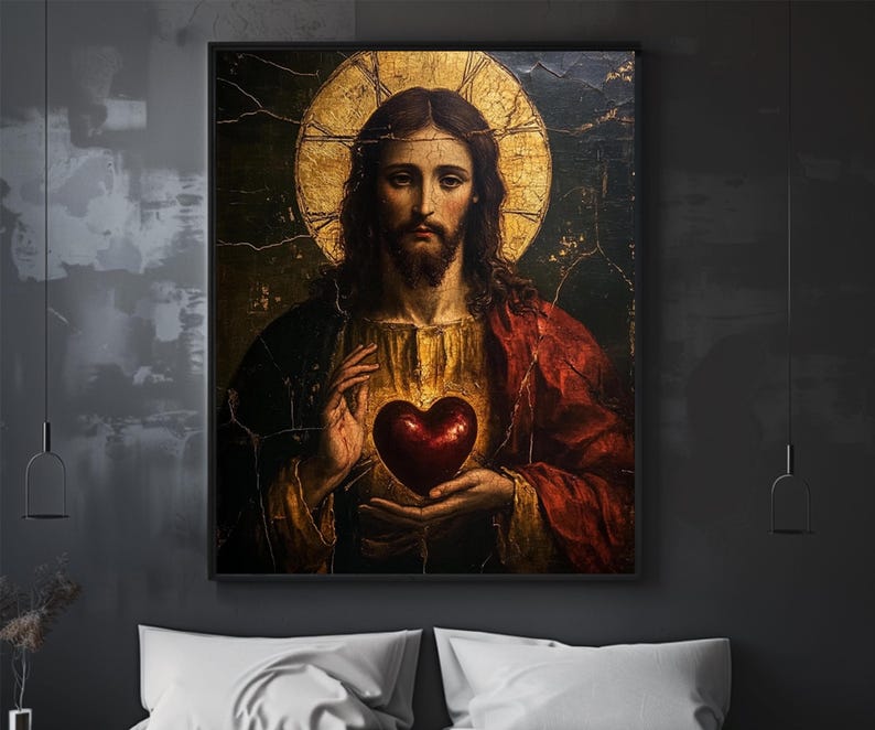 K&ouml;nnte beinhalten: Ein Gem&auml;lde von Jesus Christus mit einem goldenen Heiligenschein, der eine rote Robe tr&auml;gt und ein rotes Herz in seinen H&auml;nden h&auml;lt.