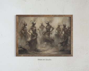 Arte murale del balletto del cimitero, dipinto a olio di Dancing Dead, arte macabra antica, decorazione horror spettrale e inquietante, stampa gotica Dark Academia