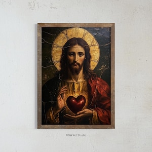 K&ouml;nnte beinhalten: Ein Gem&auml;lde von Jesus Christus mit einem goldenen Heiligenschein und einem roten Herzen in seinen H&auml;nden. Das Gem&auml;lde ist in einem Holzrahmen gerahmt.