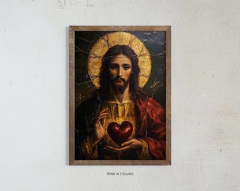 Impression d'art vintage Sacré-Cœur de Jésus, décoration murale catholique chrétienne, art texturé de la foi de la Renaissance, portrait du Christ, décor spirituel