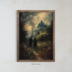Impresión artística de un paseo por un castillo romántico y oscuro, arte gótico cottagecore, paisaje melancólico, pintura nocturna botánica oscura, arte de pared imprimible