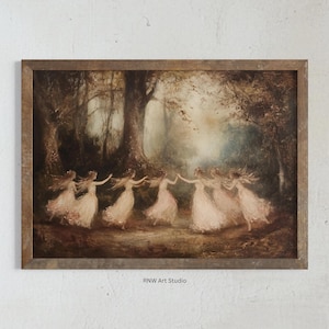 Dancing Fairies Art, Moody Fairytale Print, Whimsical Cottagecore Wall Art, Dark Academia, Mystical Magic Aesthetic