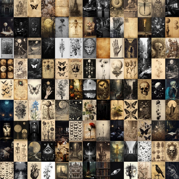 Dark Academia Aesthetic Wall Decor- 160pcs - Vintage Poster Wall Collage Kit - 4"x6" Prints - Digitale download