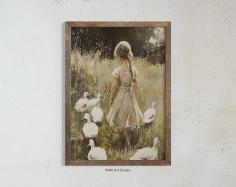 Young Goose Keeper Wall Art, Easter Cottagecore Aesthetic Art, Rustic Farmhouse Decor, Moody Spring Art, Vintage Farm Painting