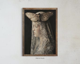 Veiled Woman Moth Art, Witchy Gothic Art, Dark Academia Occult Poster, Moody Wall Art, Dark Romance, Mystical Witch Art