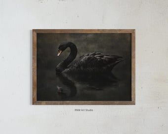 Black Swan Art Printable, Dark Oil Painting, Vintage Bird Decor, Dark Academia Wall Art,  Gothic Cottagecore, Victorian Animal