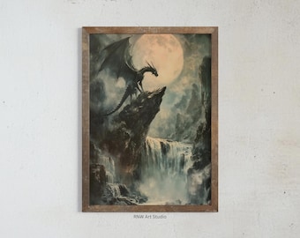 May include: A framed fantasy art print featuring a black dragon perched on a rocky cliff overlooking a waterfall. The dragon has a large, open wingspan and is facing towards the viewer. The background is a misty, ethereal landscape with a full moon in the sky.