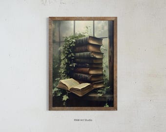 Rustic Botanical Library, Dark Aesthetic Art, Gothic Decor, Dark Academia Prints, Moody Goth Wall Art, Floral Printable