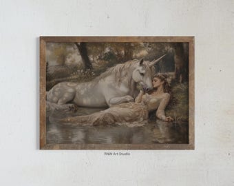 Mystical Unicorn and Lady, Fantasy Art Print, Moody Wall Art, Dark Academia Prints, Rustic Woman Decor, Whimsical Fairytale Artwork