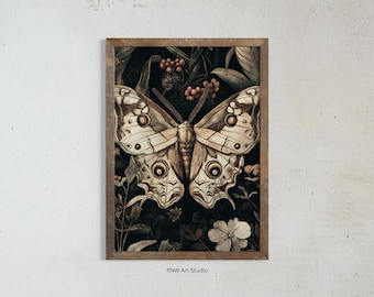 Moth Illustration, Vintage Aesthetic Oil Painting, Dark Cottagecore Wall Art, Goth Fairycore, Moody Botanical Decor, Floral Printable