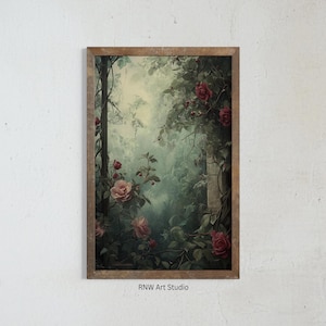 Betoverde tuin kunst aan de muur, donkere Cottagecore-kunst, bloemenschilderij, botanisch decor, donkergroene esthetiek, humeurige Goth-print