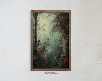Enchanted Garden Wall Art, Dark Cottagecore Art, Floral Painting, Botanical Decor, Dark Green Aesthetic, Moody Goth Print