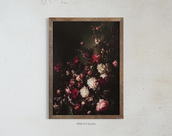 May include: A framed floral print featuring a dark background with a bouquet of red and white flowers. The artwork is in a wooden frame and is labeled "RNW Art Studio" at the bottom.