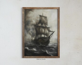 Raging Sea Ship Oil Painting, Moody Wall Art, Nautical & Coastal Decor, Dark Academia Seascape Print, Antique Maritime Art
