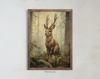 Jackalope Mythology Print, Moody Cottagecore Decor, Fairycore Wall Art, Fairytale Aesthetic, Goblincore & Whimsigoth Painting
