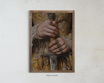 Viktorianische Prinzessin Schwertkunst, schwermütige ästhetische Wandkunst, barockes Ölgemälde, königliches Frauenporträt, dunkles Academia-Dekor