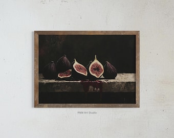Rustic Figs Art Print, Dark Moody Still Life Painting, Vintage Farmhouse Kitchen Decor, Country Home Fruit Artwork, Cottagecore Printable