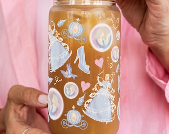Disney Princess Cinderella Sipper Glass, 16oz - Girly Glassware, Fairy Tale Cup, Princess Party Favor, Magical Drinkware, Royal Tea Cup