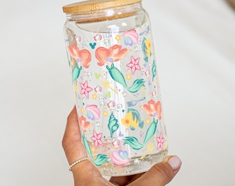 Sipperglas, op Ariel geïnspireerde beker kleine zeemeermin, Disney-prinsescadeau, 16oz beker voor drankjes, glas Under the Sea-thema, mok oceaanliefhebber