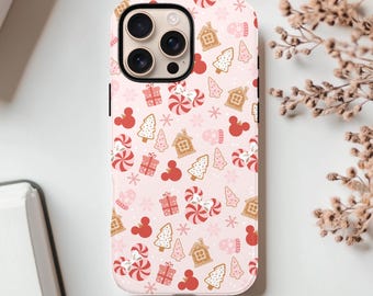 Capa de celular, capa resistente de Natal rosa feminina da Disney Minnie Mickey Mouse, capa protetora, presente para ela, decoração de Natal, desenho animado fofo