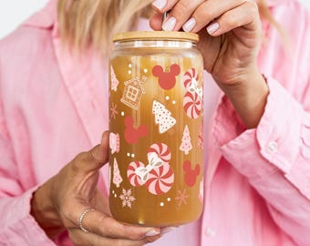 Copo de Natal com canudo do Mickey, copo rosa pastel feminino da Disney, utensílios para bebidas natalinas, copo festivo, copos fofos de Natal, presente para fãs da Disney