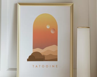 Impressão digital minimalista de Star Wars Tatooine, arte de parede nerd, pôster de filme, decoração de ficção científica, presente para fã
